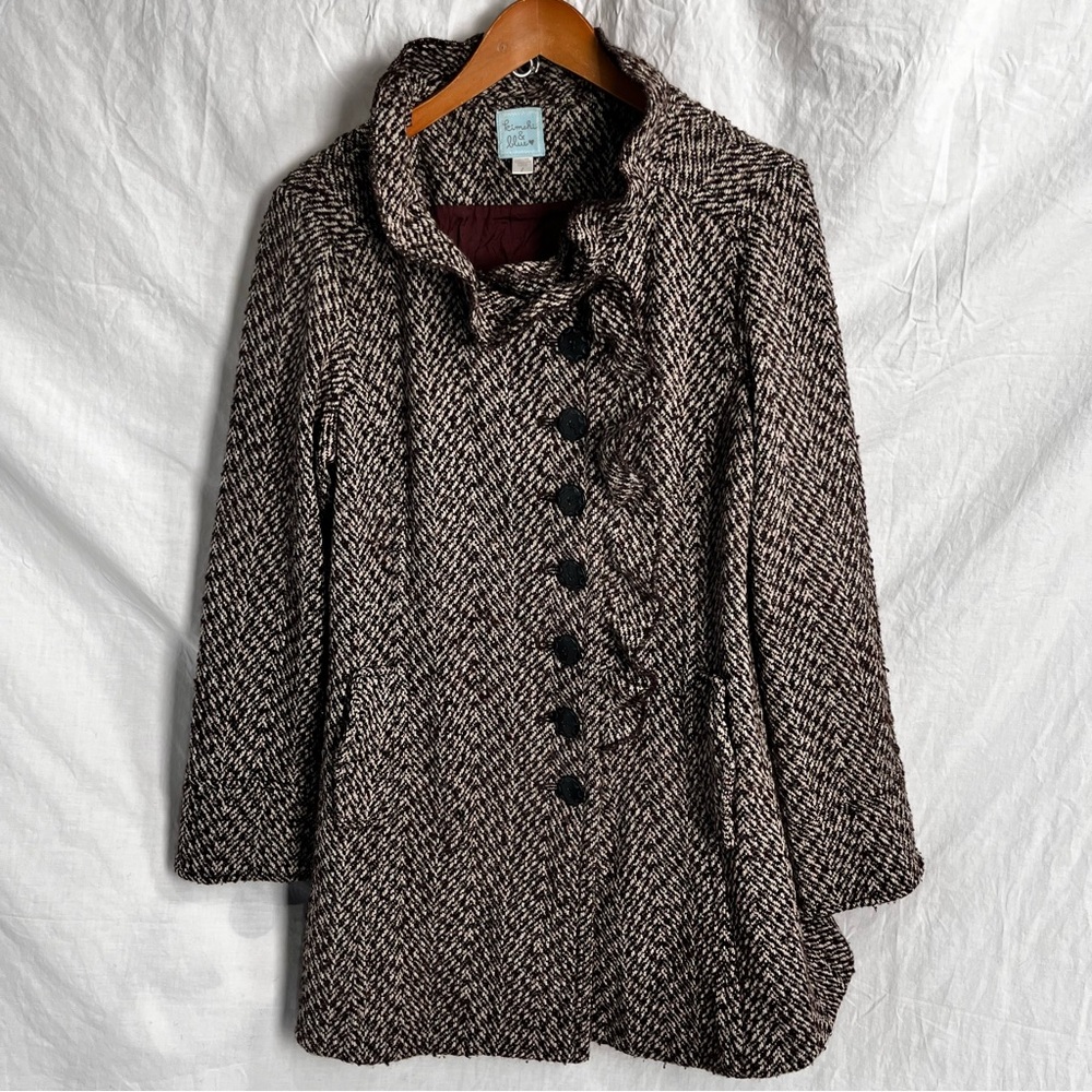 Anthropologie Kimchi Blue Tweed Wool Herringbone Coat Large Ruffle Button Front